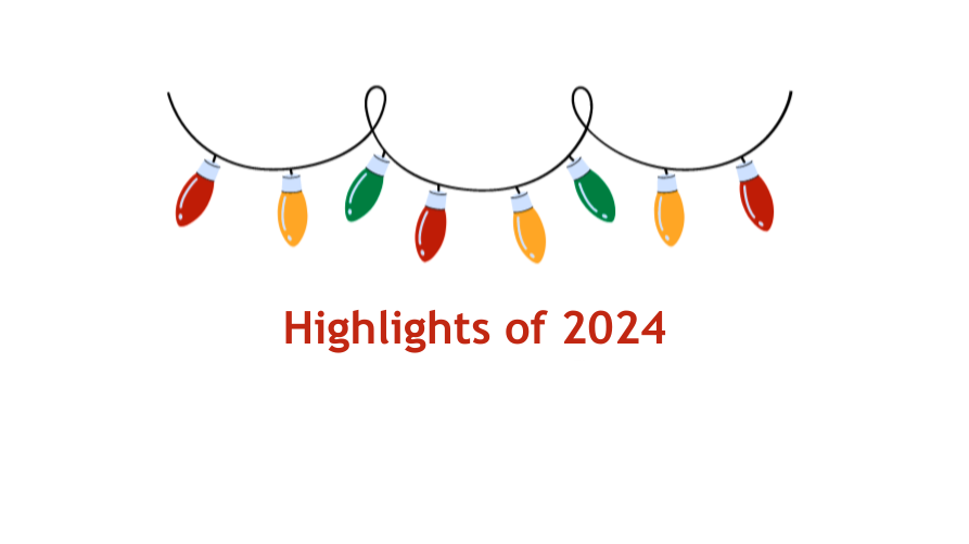 A festive string of lights in green, red and yellow with the words Highlights of 2024